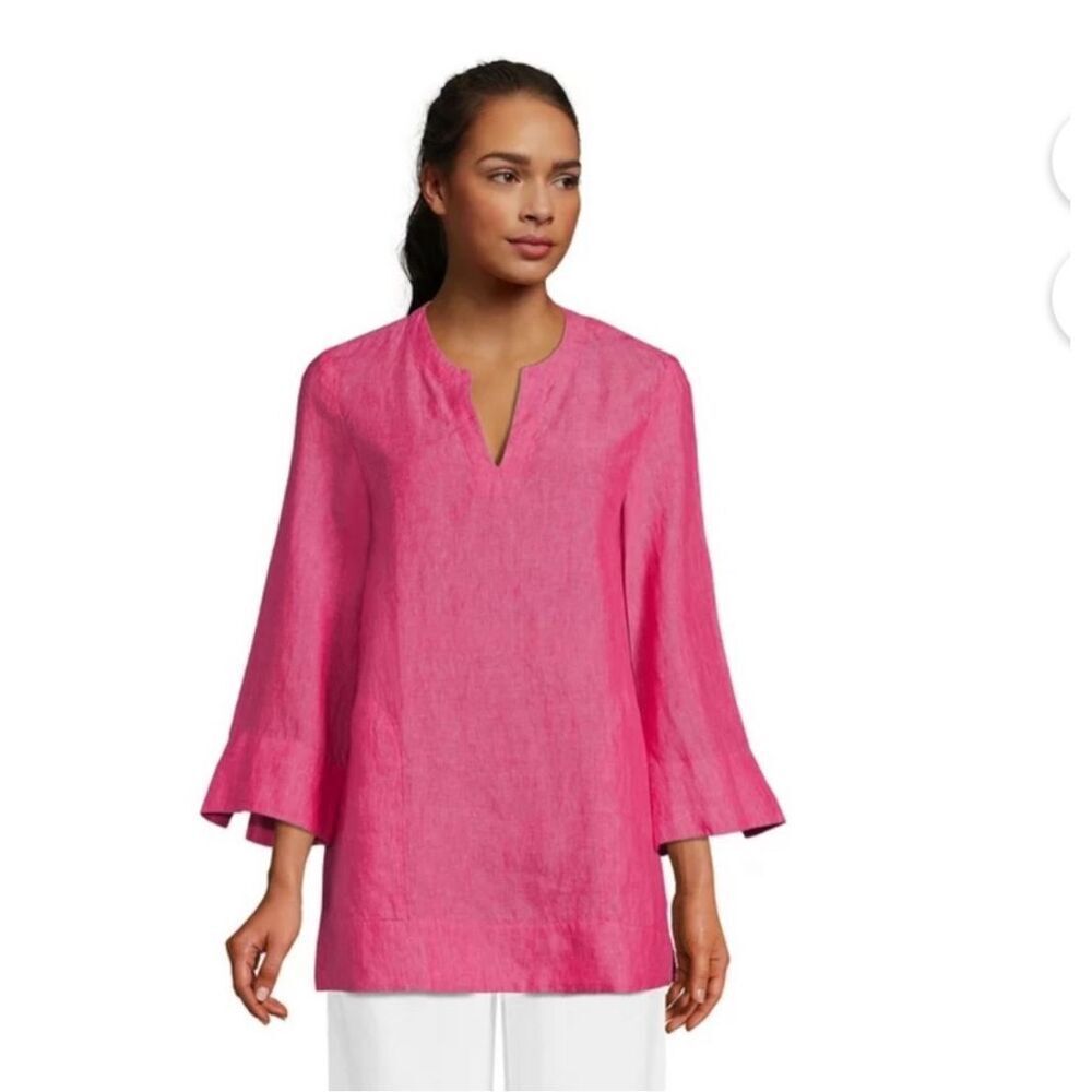 LANDS’ END Linen Tunic Women’s Size Small Hot Pink Split Neck Pockets NWT Top - Picture 3 of 14